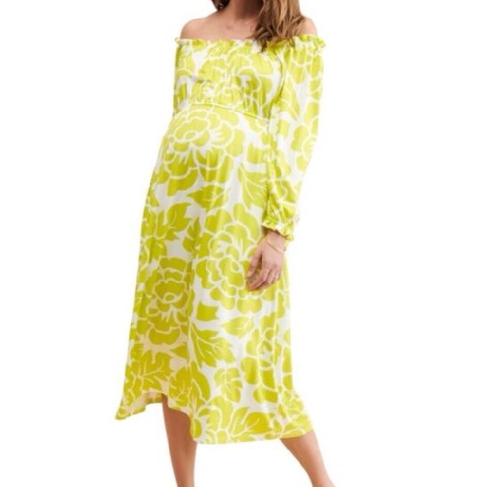Hutch Maternity Green / Yellow Floral Off Shoulder Midi Dress size women’s large
